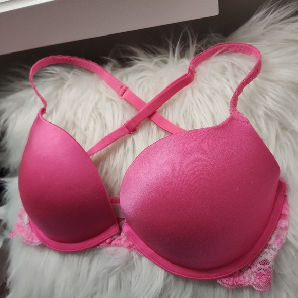 💗 Vintage Victoria’s Secret PINK Push-Up Lace Cross Back Bra, Hot Pink, 34D - Picture 5 of 9
